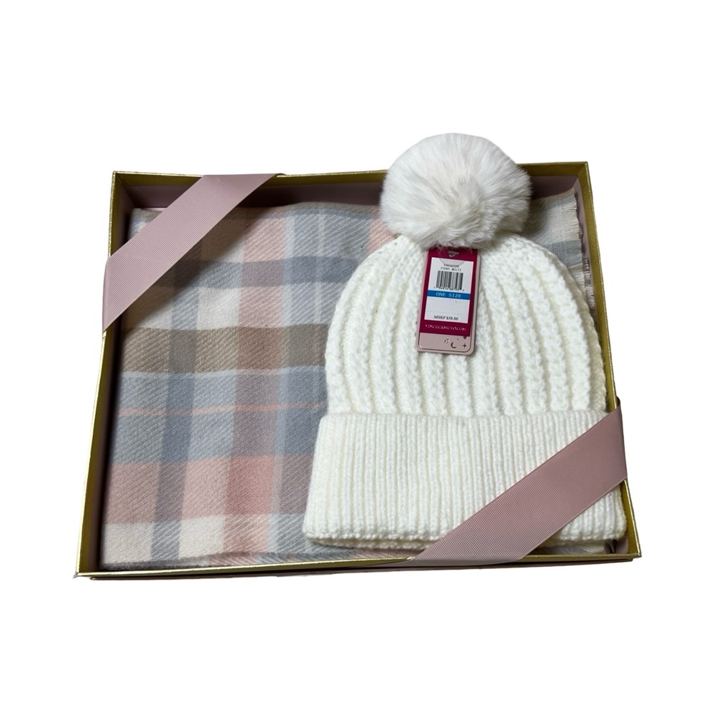 Vince Camuto Scarf And Hat Ivory Pom‎ Beanie Pink Blue Soft Scarf Nwt